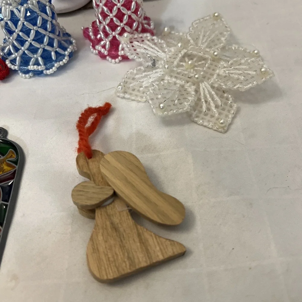 VTG Handmade Christmas Ornaments Bells Stained Glass Cross-stitched Angel Lot 12